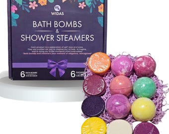 May include: A box set of bath bombs and shower steamers. The box is dark purple with floral designs and the text "WIDAS BATH BOMBS & SHOWER STEAMERS". The set includes six bath bombs, each 2.12 oz, and six shower steamers, each 1.45 oz. The bath bombs are various colors.