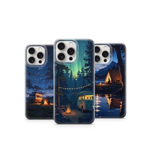 Lakeside Campfire Phone Case Mountain Night Tent & Nature Reflection Art Tranquil Wilderness Aesthetic CoverCamp Phone Case 4