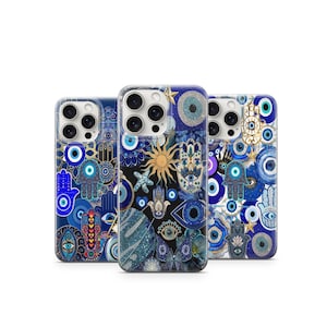 Funda para teléfono con diseño de ojo místico y hamsa, protección espiritual bohemia con diseño floral cósmico azul. 1