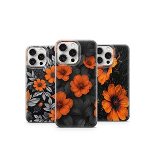 Bold Orange Floral Phone Case  Dark Aesthetic Black Leaves  Bright Flowers  Elegant Botanical Fall Phone Cover Orange Phone Case 1