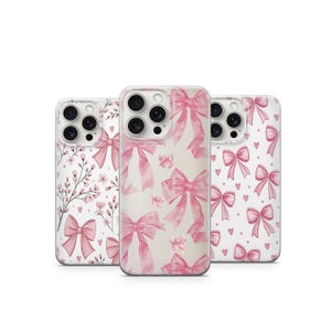 Pink Bow Floral Phone Case Cute Girly Aesthetic Design with Hearts & Flowers  Soft Pastel Romantic Cover Pink Ribbon Phone Case 2