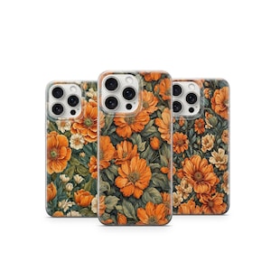 Orange Floral Botanical Phone Case Vintage-Inspired Elegant Garden Flowers Leaves Design Autumn Aesthetic Protective Cover Orange PhoneCase2