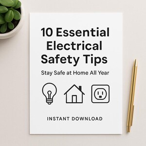 以下が含まれることがあります： 「10の必須電気安全のヒント」と「一年中安全に自宅で過ごしましょう」というテキストが書かれた白い紙。電球、家、コンセントのアイコンが下にあります。金のペンが右側にあります。