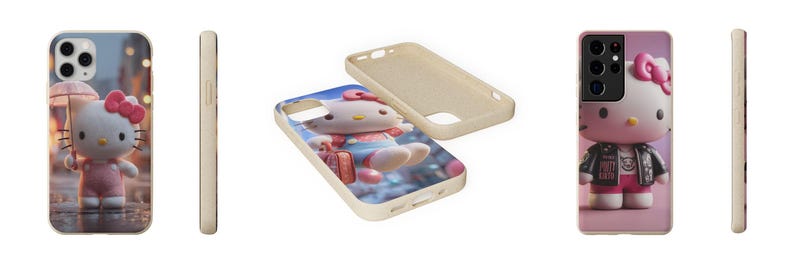 May include: Three phone cases featuring Hello Kitty designs. One case shows Hello Kitty holding an umbrella, another shows her with a suitcase, and the third depicts her in a jacket. All cases have a light-colored border.