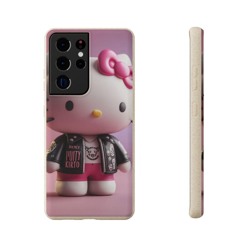 May include: A phone case featuring a 3D rendering of Hello Kitty wearing a black leather jacket and pink shorts. The case has a pink background and a side view showing a textured, light-colored edge.