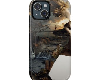 May include: A smartphone case featuring a double exposure design that blends a human profile silhouette with a landscape scene. The image displays a sunset over a calm body of water, a small sailboat, rocky terrain, and a flowing waterfall.