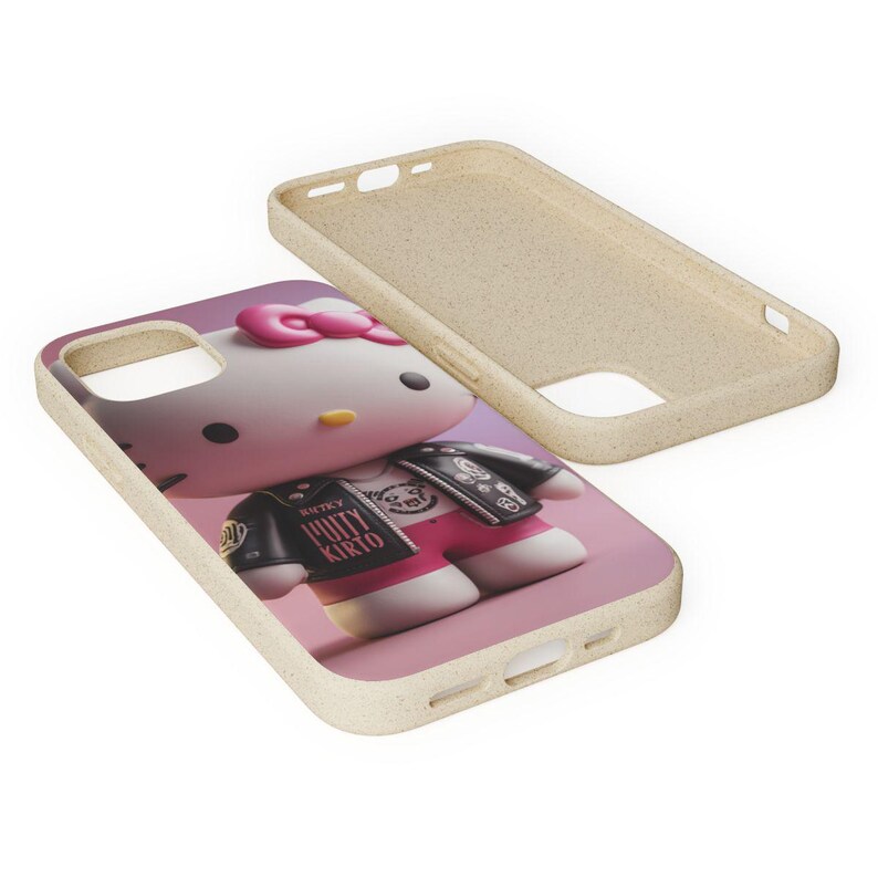 May include: A phone case featuring a 3D rendering of Hello Kitty in a black jacket and pink shorts. The case is light beige and has cutouts for the camera and buttons. The design is on a pink background.