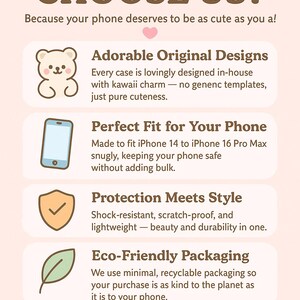 May include: A pink graphic with the text "WHY CHOOSE US?" and product features. The features include adorable designs, perfect fit for iPhone 14 to 16 Pro Max, protection, eco-friendly packaging, and gifting.