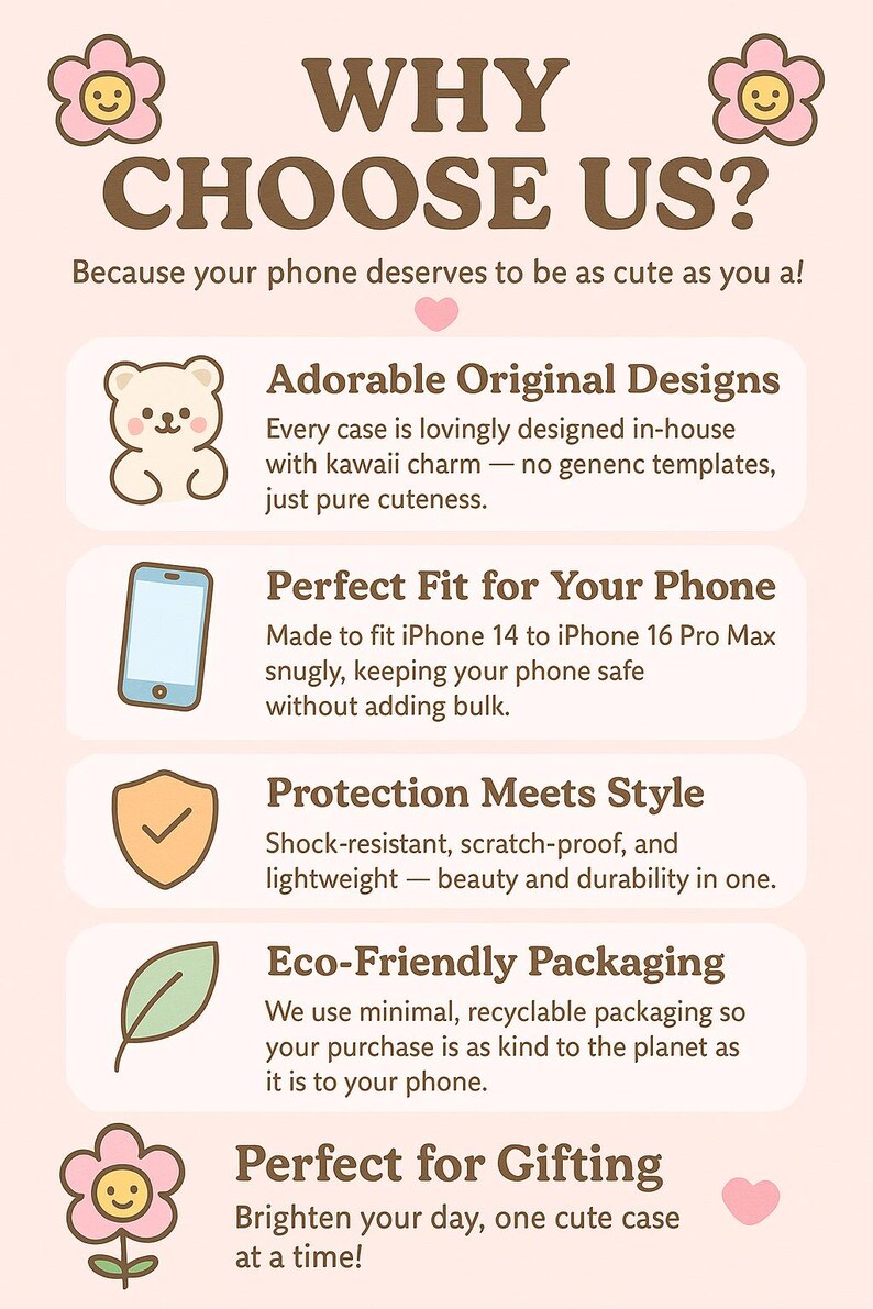 May include: A pink graphic with the text "WHY CHOOSE US?" and product features. The features include adorable designs, perfect fit for iPhone 14 to 16 Pro Max, protection, eco-friendly packaging, and gifting.