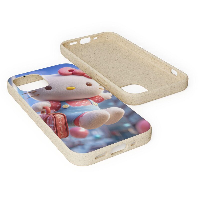 May include: A phone case featuring a colorful illustration of Hello Kitty holding a suitcase. The case is light beige and has a matching separate top piece. The design is a vibrant cartoon style.