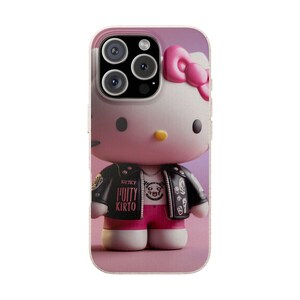 May include: A phone case featuring a 3D rendering of Hello Kitty in a punk rock style. The character wears a black leather jacket with the text "PUITY KIRTO", pink shorts, and a pink bow. The case has a clear border and a pink background.