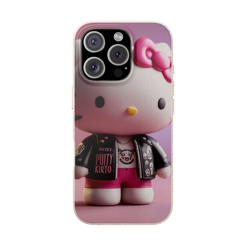 May include: A phone case featuring a 3D rendering of Hello Kitty in a punk rock style. The character wears a black leather jacket with the text "PUITY KIRTO", pink shorts, and a pink bow. The case has a clear border and a pink background.