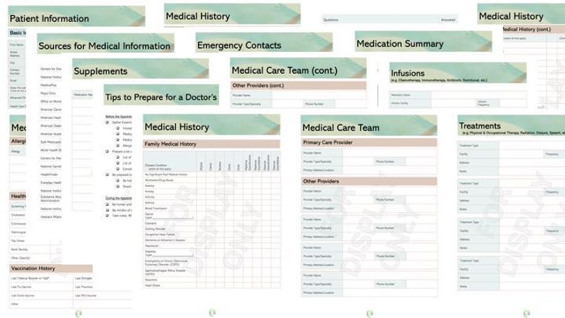 May include: A collection of medical forms with headings such as "Patient Information," "Medical History," and "Emergency Contacts." The forms are primarily white with light green and tan accents, designed for recording health-related data.