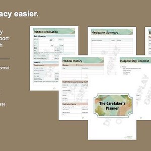 May include: A digital PDF download of The Caretaker's Planner, featuring patient information, medication summaries, and emergency contacts. Includes 42 printable pages, US Letter size (8.5" x 11").