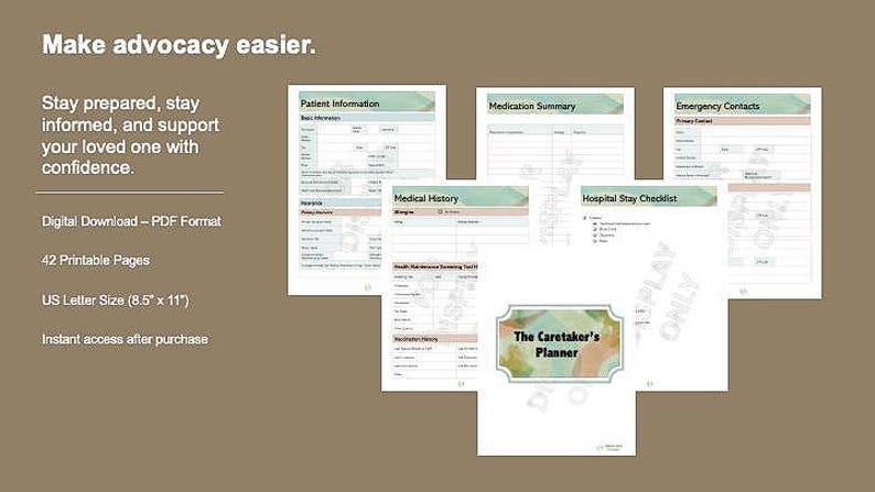May include: A digital PDF download of The Caretaker's Planner, featuring patient information, medication summaries, and emergency contacts. Includes 42 printable pages, US Letter size (8.5" x 11").