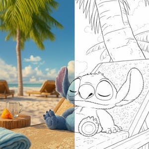 Stitch Relaxing on the Beach Coloring Page – Half Color, Half Outline