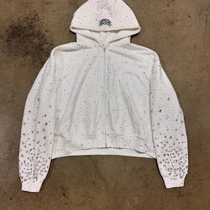 Unisex Rhinestone Zip Hoodie Crystal Studded  Oversized Street wear Sweatshirt  Style.