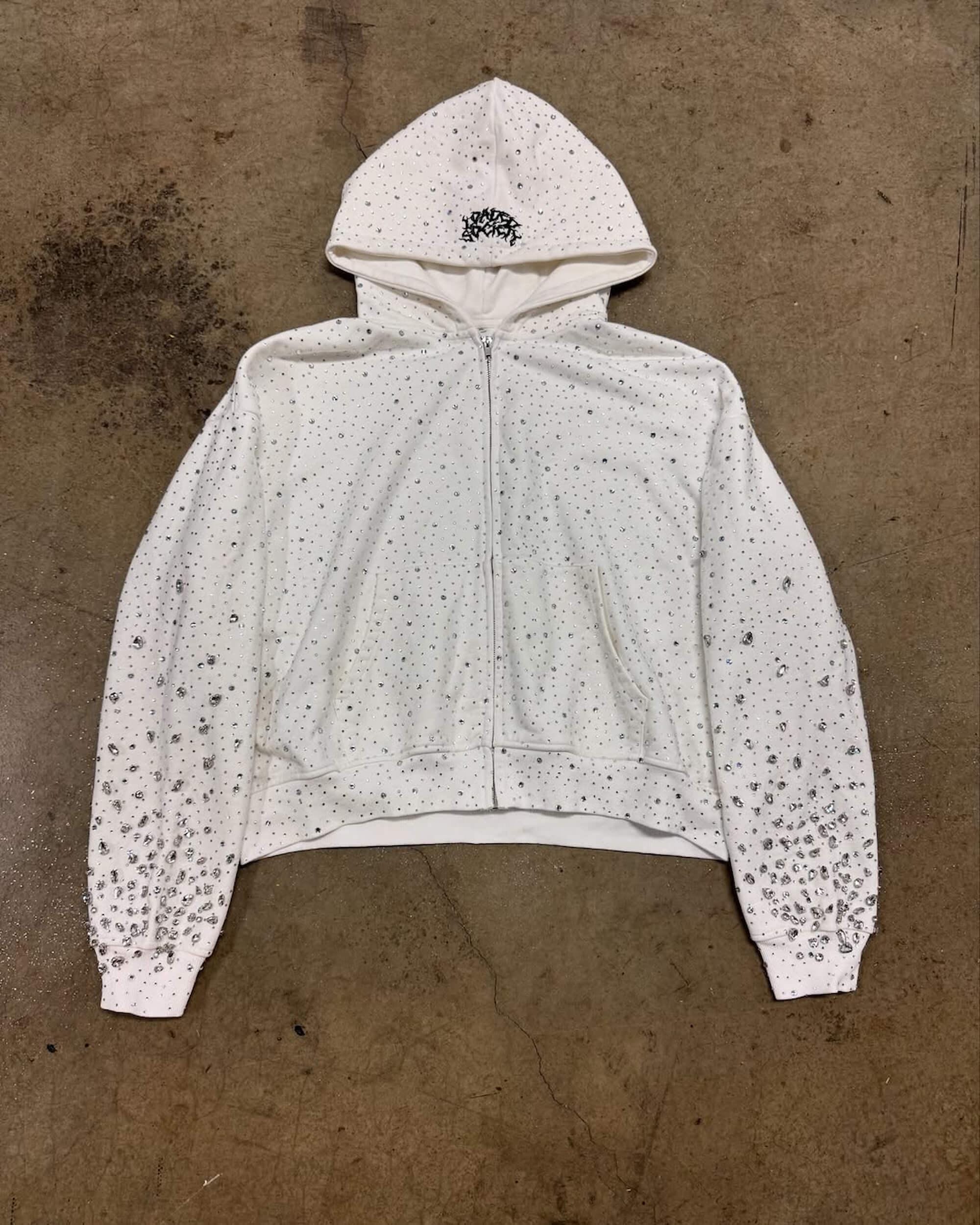 Unisex Rhinestone Zip Hoodie Crystal Studded Oversized
