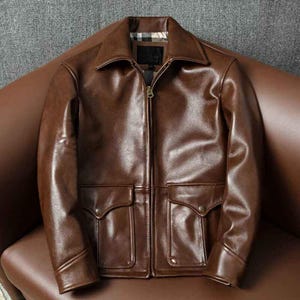 Men’s Brown Leather Jacket – Classic Genuine Cowhide Coat with Front Pockets
