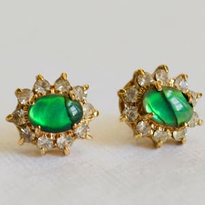 Vintage Shell and Rhinestone Earrings Green Shell Abalone Gold Colorless Stone Oval Stud image 1