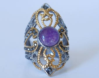 Amethyst and Marcasite Ring - Cut Out - Gold & Silver - Stainless Steel - Purple - Statement Ring