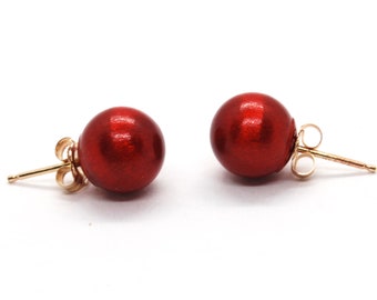 Bright Red Ball Earring Studs - 14K - Vintage - Minimalist Studs - Valentines Day - Ornament - Sparkling  - Shiny