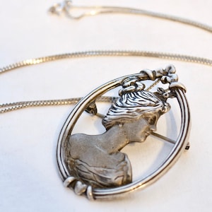 Vintage Sterling Silver Art Nouveau Cameo Brooch - Repousse - Framed Female Figure - Necklace Pendant