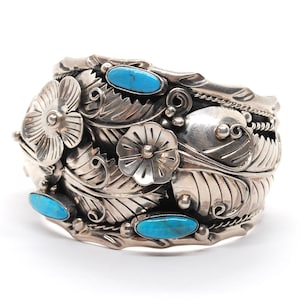 Southwestern Cuff Bracelet Sterling Silver and Turquoise with Flowers and Feathers - Dogwood - Swirls - Large Detailed Statement Piece