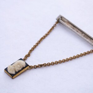 Vintage Tie Bar - Chain - Soldier - Cameo - Tie Clasp - 1940&#39;s - Gold Tone - Silver - Black - Giant Grip