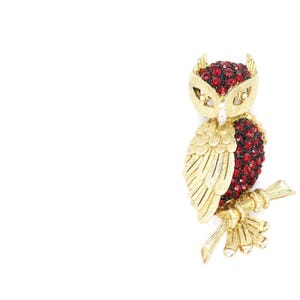 Vintage Jazzy Owl Brooch - Red Rhinestones with Gold Tone Metal - 1970&#39;s - Fashion Jewelry - Intricately Detailed