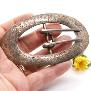 Edwardian Sterling Silver Buckle - Floral Etched - Big Sash Buckle - Numbered - Victorian Era -1920&#39;s