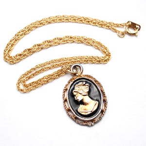 Vintage Enamel and Gold Tone Cameo Pendant Necklace - Victorian - Black and Gold
