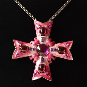 Bright Pink Maltese Cross Pendant - Pink and Purple Stones - Gold Tone - Necklace