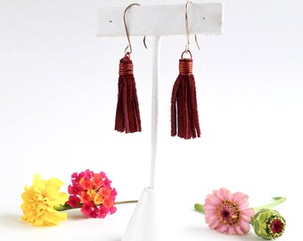 Boho Leather Fringe Earrings - Burgundy - Genuine Leather - Recycled - Sterling Earwires - Dangle