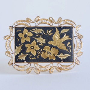 Filigree Gold Brooch -  Bird and Flowers - Black