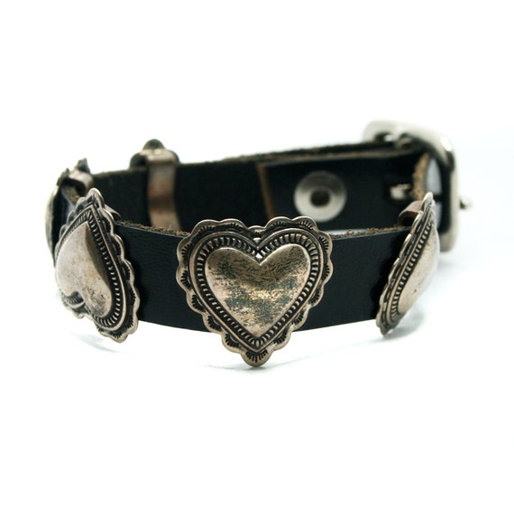 Vintage Sterling Silver heart and Leather Bracele… - image 1