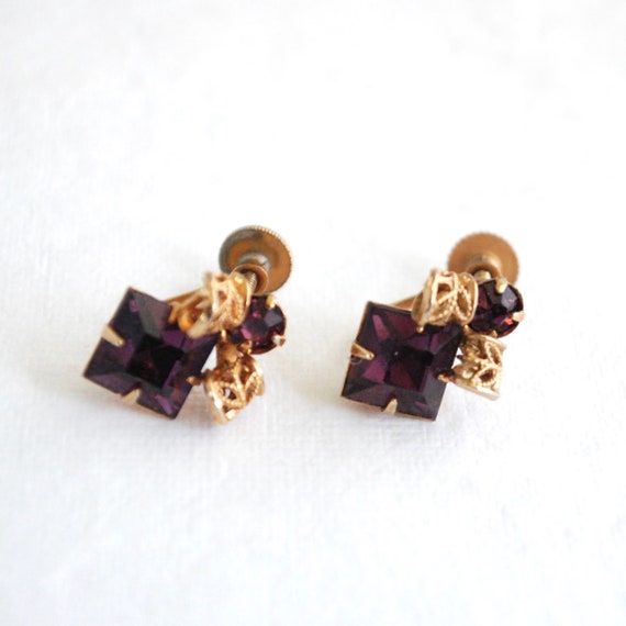 Purple Vintage Rhinestone Screw Back Earrings - F… - image 2