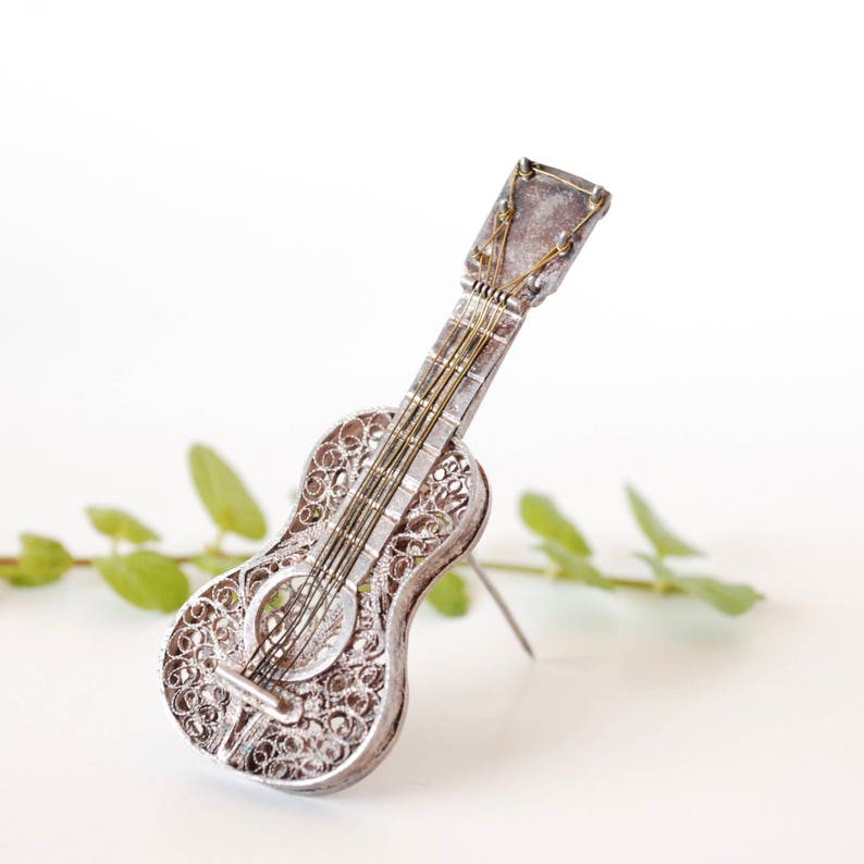 Filigree Guitar Brooch Music 6 String Silver Wire Work Musical Instrument Classical Guitar