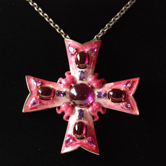 Bright Pink Maltese Cross Pendant - Pink and Purp… - image 1