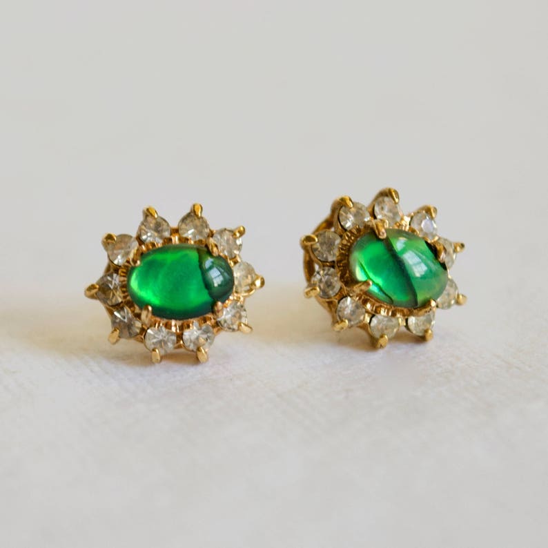 Vintage Shell and Rhinestone Earrings Green Shell Abalone Gold Colorless Stone Oval Stud image 1