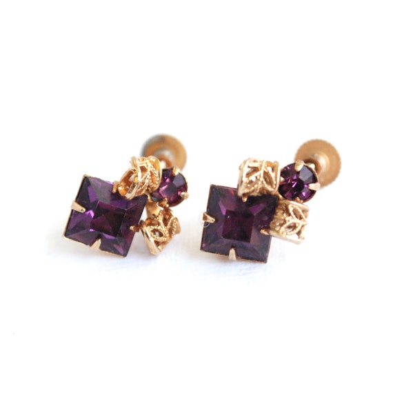 Purple Vintage Rhinestone Screw Back Earrings - F… - image 1