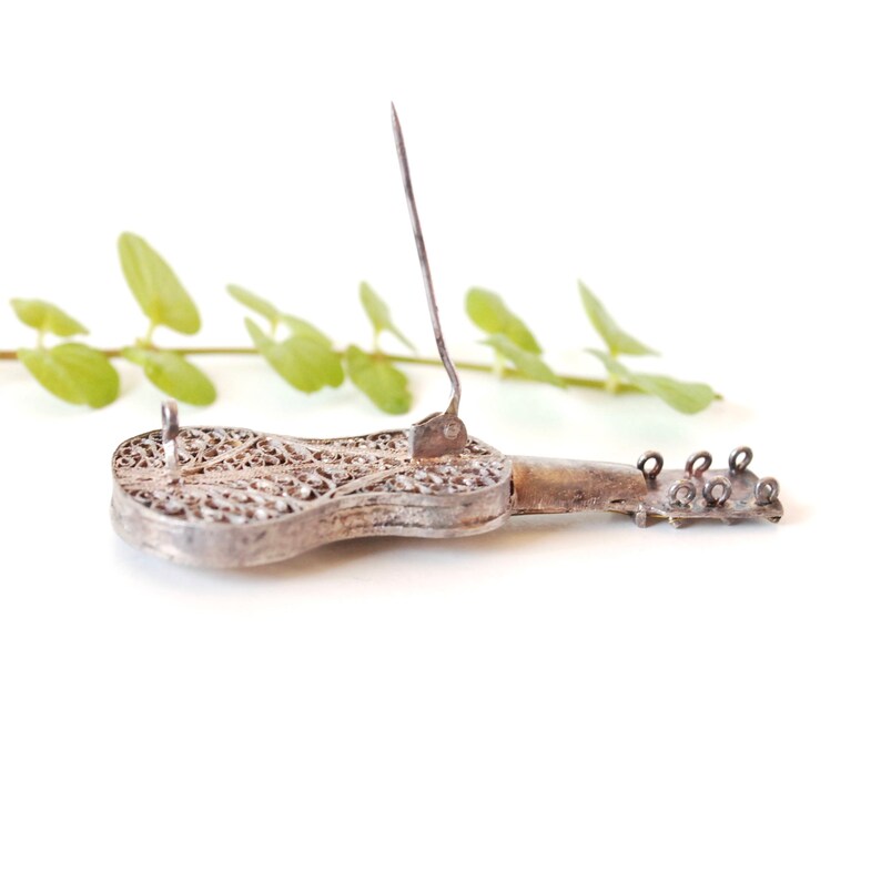 Filigree Guitar Brooch Music 6 String Silver Wire Work Musical Instrument Classical Guitar