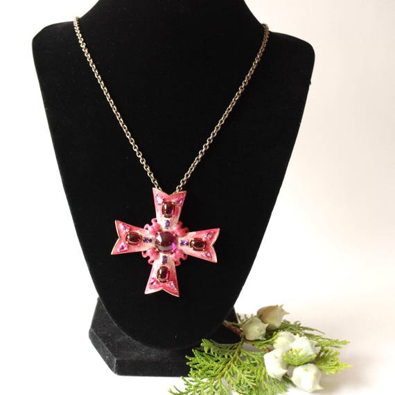 Bright Pink Maltese Cross Pendant - Pink and Purp… - image 7