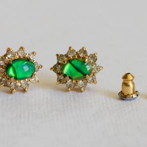 Vintage Shell and Rhinestone Earrings Green Shell Abalone Gold Colorless Stone Oval Stud image 3