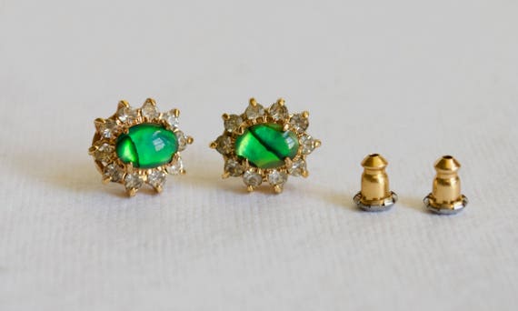 Vintage Shell and Rhinestone Earrings - Green She… - image 3