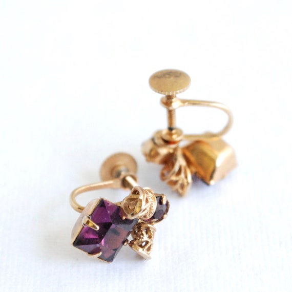 Purple Vintage Rhinestone Screw Back Earrings - F… - image 6