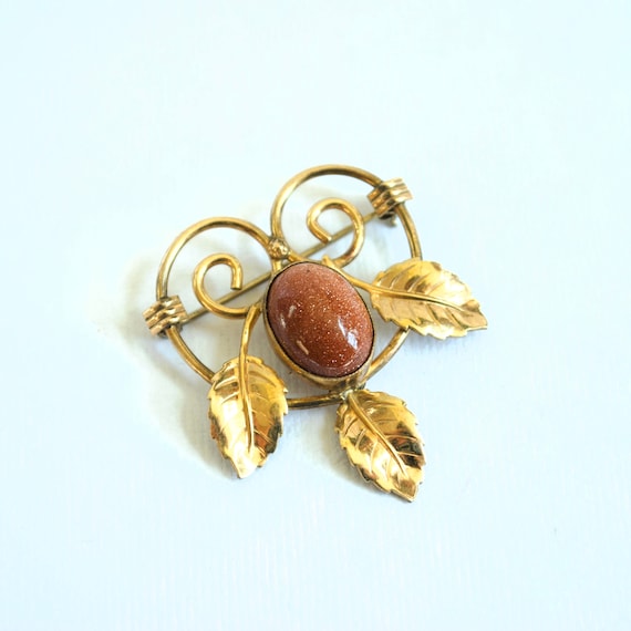 Vintage Goldstone & 12K Gold Filled Brooch - Leav… - image 1