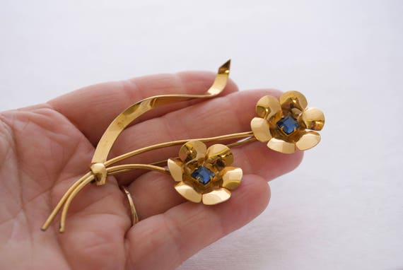 Vintage CORO Sterling Gold Tone Blue Stone Flower… - image 4