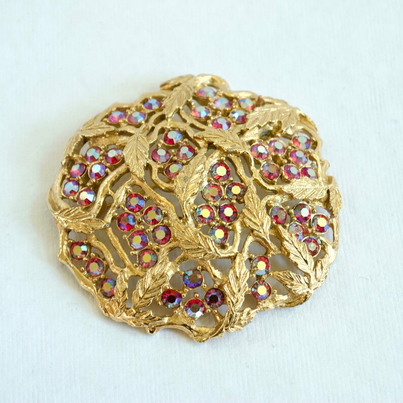 Vintage Sarah Covington Brooch Gold Tone With Bright Red Pink ...