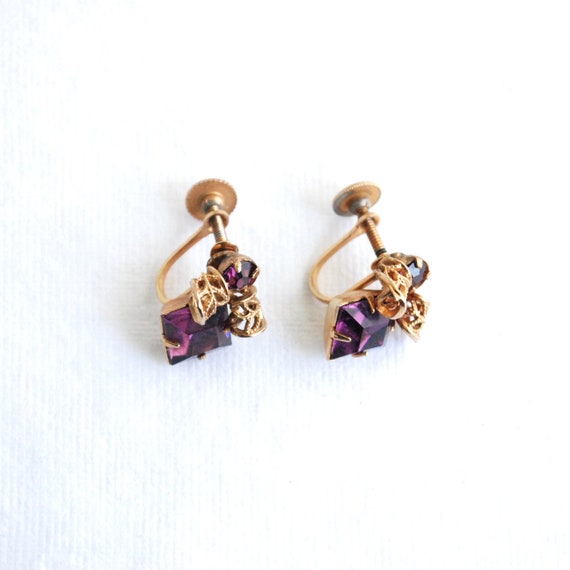Purple Vintage Rhinestone Screw Back Earrings - F… - image 4